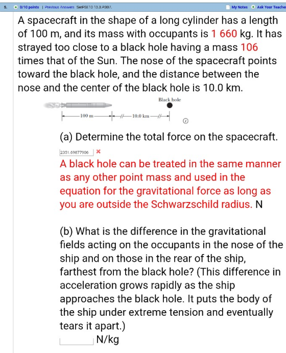 5. D/10 points I Prevlous Answers SerPSE10 13.3.PDD My Notes Ask Your Teachen A spacecraft in the shape of a long cylinder ha