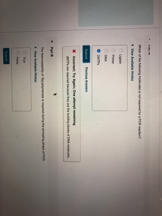 Which of the following molecules is not required for a PCR reaction? View Available Hint(s) Ligase O Primer O DNA O DNTPs Sub