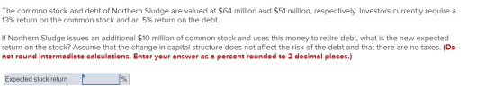 The common stock and debt of Northern Sludge are valued at $64 million and $51 million, respectively. Investors currently req