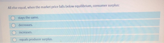All else equal, when the market price falls below equilibrium, consumer surplus: O stays the same. o decreases. o increases.