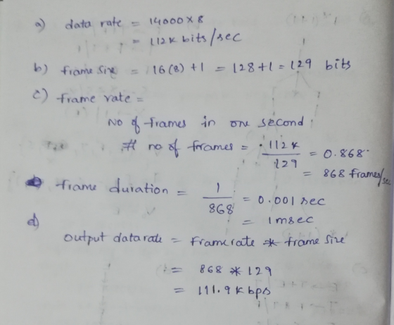 -) data rate = 14000× g 112K bits/sec b) frome Si笺 =/16(A)+1-128 +1=129 C) frame vate bits 0868 SGg output data ratuframrate trome stu Sire 868*129 111.9kbps