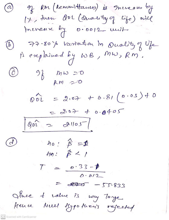 es by of rm (Remmittances) is shereaus y fuen Qol (duality of life) will Increase by by 0.0012 wit 0 77-80% variation in Qual