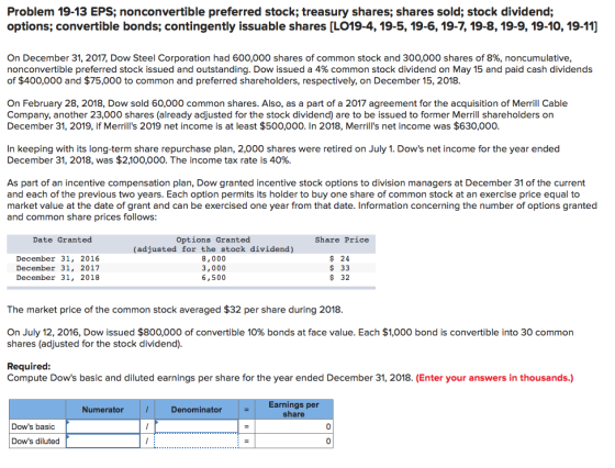 Problem 19-13 EPS; nonconvertible preferred stock; treasury shares; shares sold; stock dividend; options, convertible bonds;