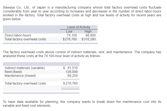 Sawaya Co., Ltd., of Japan is a manufacturing company whose total factory overhead costs fluctuate considerably from year to
