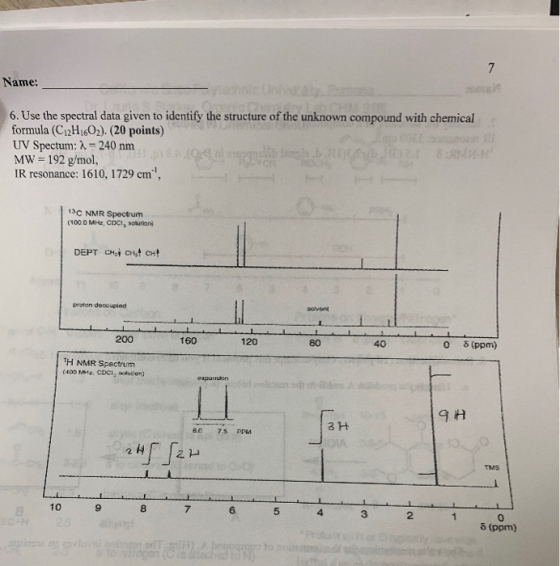 Name: 6. Use the spectral data given to identify the structure of the unknown compound with chemical formula (C12H1602). (20