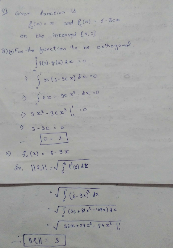 괴 6-9cx Given function is f(x) and f (oc) the interval [0, 1] on B) (a) for the function to be osthogonal, 5 102.3(2) de no (