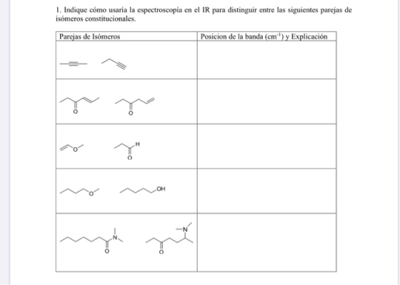 1. Indique cómo usaría la espectroscopía en el IR para distinguir entre las siguientes parejas de isómeros constitucionales.