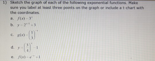 1) Sketch the graph of each of the following exponential functions. Make sure you label at least three points on the graph or
