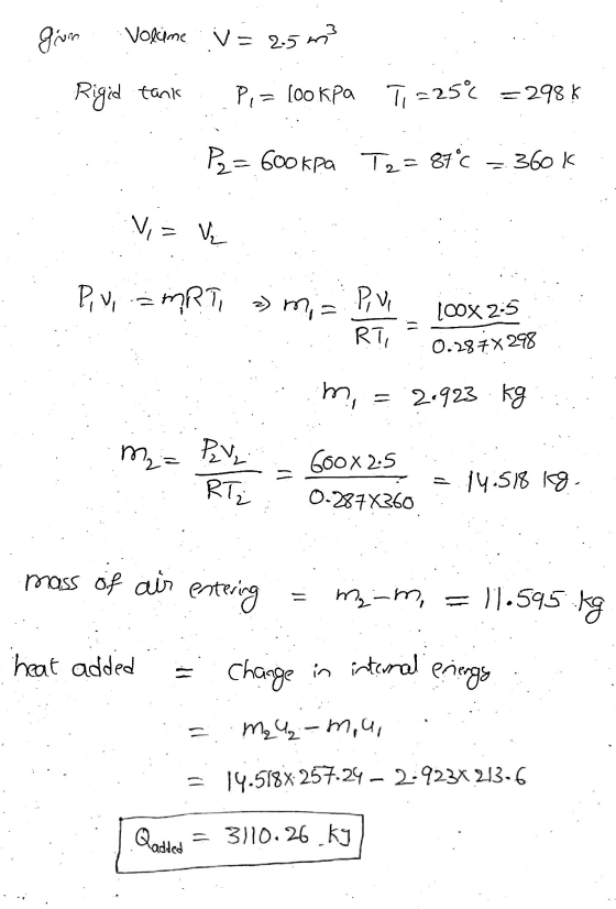 Volime V=2.5 m3 Rigid tank Pi = 100 kPa Ti =25 = 298 K P2= 600kpa Tz=87°C 360k Vi = = V Pivi MRT 2) mia P, Vi RT 100x 2:5 0.2