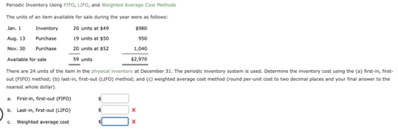 950 Periodic Inventory Using FIFO, LIFO, and weighted Average Cost Methods The units of an item available for sale during the
