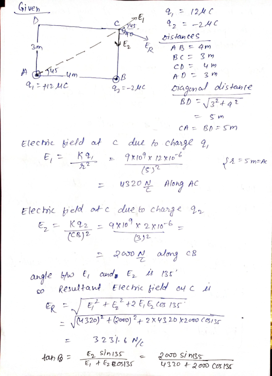 Given av 3m ER 12 u C a = -2MC sistances A B = 4m Bc = 3m um AD - 3m Tus um a, = +12 MC =-2 uc Diagonal distance BD 374 2 Sm