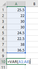 ww 24.5 22.5 36.5 10 =VAR(A1:A3) 11