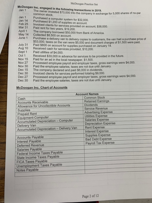 McDoogan Practice Set McDoogan Inc. engaged in the following transactions in 2019 Jan 1 the owner invested $70,000 into the c