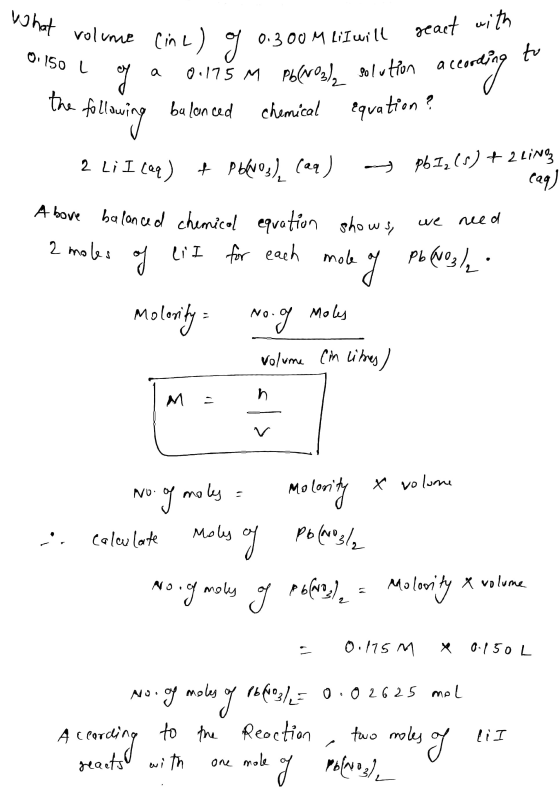 What volume Cine) g 0.300 M Lil will geact with of 0.150 L to of 0.175 m Polresla solution according the following balanced c