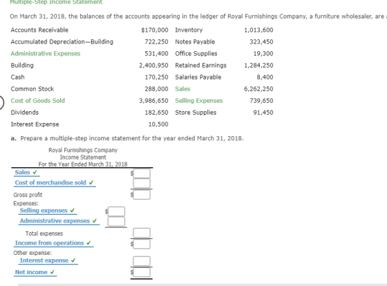 Multiple-Step Income Statement On March 31, 2018, the balances of the accounts appearing in the ledger of Royal Furnishings C