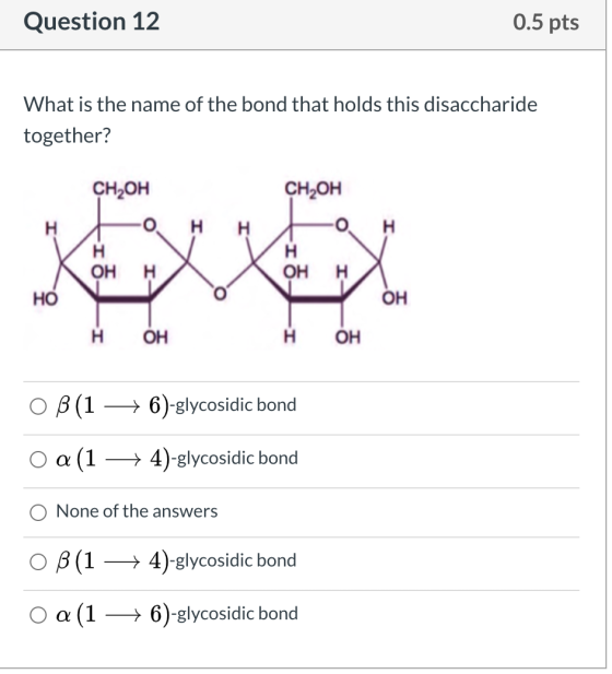 Question 12 0.5 pts What is the name of the bond that holds this disaccharide together? CH2OH CH2OH н н О. H н ОН OHн н НО ОН