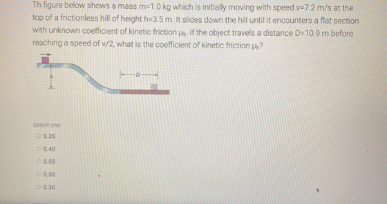 Th figure below shows a mass m=1.0 kg which is initially moving with speed v=7.2 m/s at the top of a frictionless hill of hei