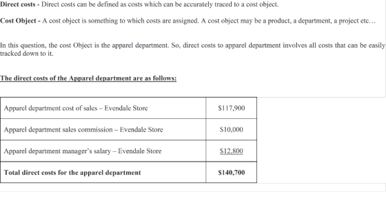 Direct costs- Direct costs can be defined as costs which can be accurately traced to a cost object. Cost Object-A cost object is something to which costs are assigned. A cost object may be a product, a department, a project etc.. In this question, the cost Object is the apparel department. So, direct costs to apparel department involves all costs that can be easily tracked down to it. The direct costs of the Apparel department are as follows 117,900 Apparel department cost of sales - Evendale Store Apparel department sales commission-Evendale Store Apparel department managers salary - Evendale Store Total direct costs for the apparel department S10,000 S12.800 $140,700