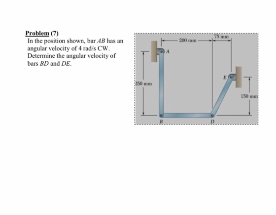 200 mm Problem (7) In the position shown, bar AB has an angular velocity of 4 rad/s CW. Determine the angular velocity of bar