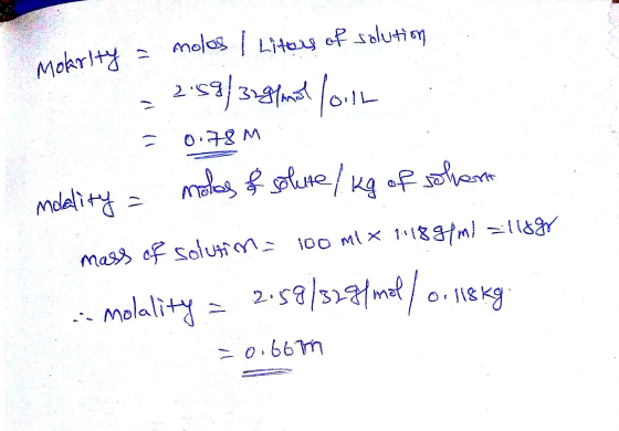 Mokrity = molos I Litory of solution = 2.53]39|mol loll : = 0.78m modality = nokas of solure / kg of solara mass of solusima