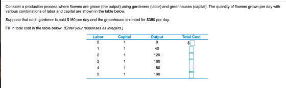 Consider a production process where flowers are grown (the output) using gardeners (labor) and greenhouses (capital). The qua