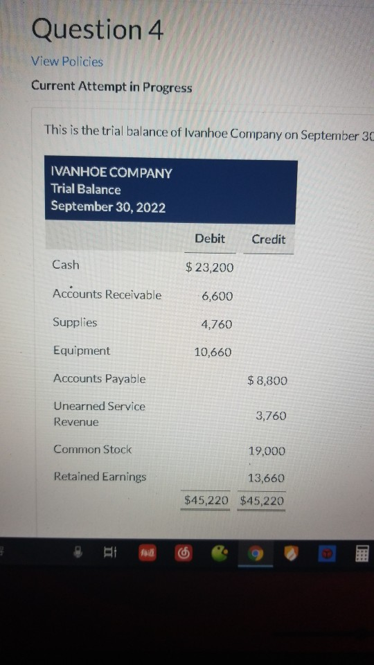 Question 4 View Policies Current Attempt in Progress This is the trial balance of Ivanhoe Company on September 30 IVANHOE COM