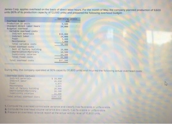 James Corp. applies overhead on the basis of direct labor hours. For the month of May, the company planned production of 9,60