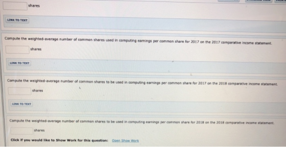 shares LINK TO TEXT Compute the weighted average number of common shares used in computing eamings per common share for 2017