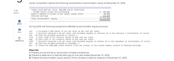 Kohler Corporation reports the following components of stockholders equity at December 31, 2018 3.34 points Common stock-$10