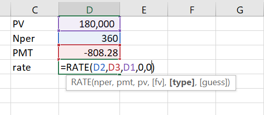 C PV Nper PMT rate D 180,000 3601 -808.28 =RATE(D2,D3,D1,0,0) RATE(nper, pmt, pv, [fv], [type], [guess])