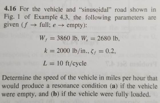 4.16 For the vehicle and sinusoidal road shown in Fig. 1 of Example 4.3, the following parameters are given (f full; empty)