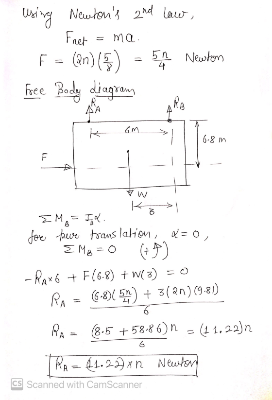 Using Newtons and law, Fret - ma. in Newton - 4 (an) (3) free Body diagram RB k 6m 6.8m F VW 8 ΣΜ IX. B fore fauve translati