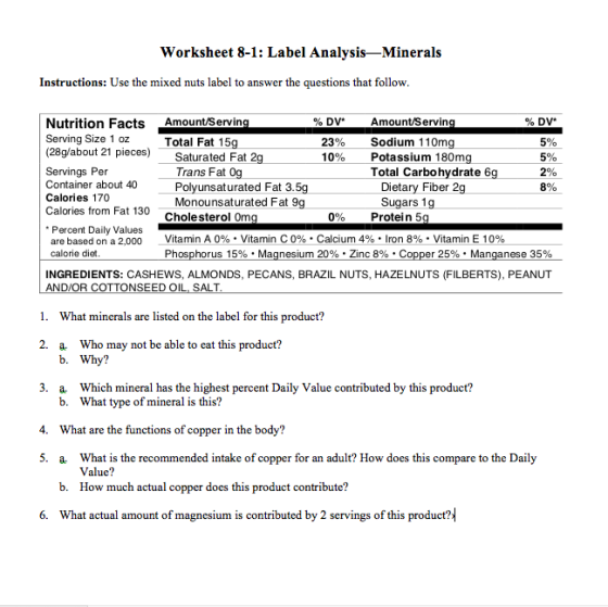 Worksheet 8-1: Label Analysis-Minerals Instructions: Use the mixed nuts label to answer the questions that follow % DV Amount