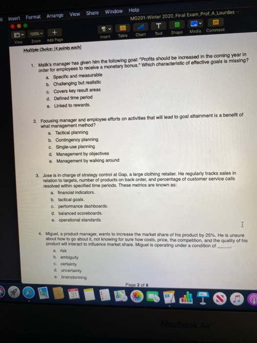 insert Format Arrange View Share Window Help MG201-Winter 2020 Final Exam Prof A Lourdas TT D Zoor Ads Page Insert Table Char
