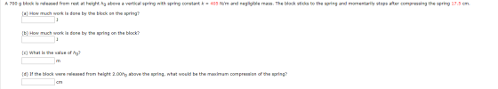 A 700 g block is released from rest at height ho above a vertical spring with spring constant k = 405 N/m and negligible mass