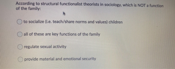 According to structural functionalist theorists in sociology, which is NOT a function of the family: to socialize (i.e. teach