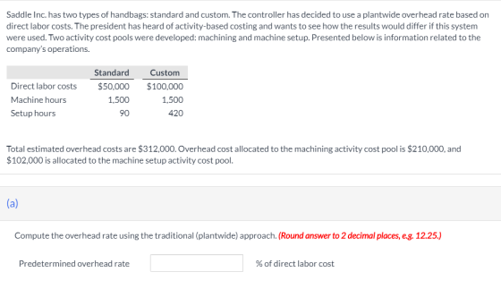 Saddle Inc. has two types of handbags: standard and custom. The controller has decided to use a plantwide overhead rate based