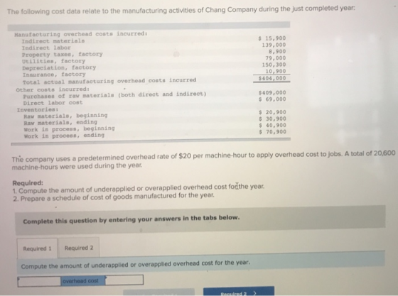 The following cost data relate to the manufacturing activities of Chang Company during the just completed year: $ 15,900 139,