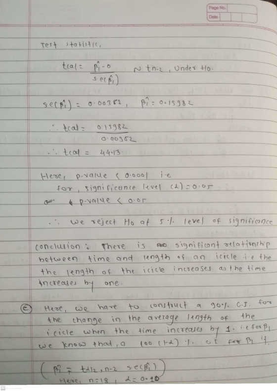 Page No. Date Test statistica tal= pino s. eepi) Ntn-2, Under Ho. secki) : 0.00362 BT: -0.15982 ... trala 0 15982 0.00362 ni