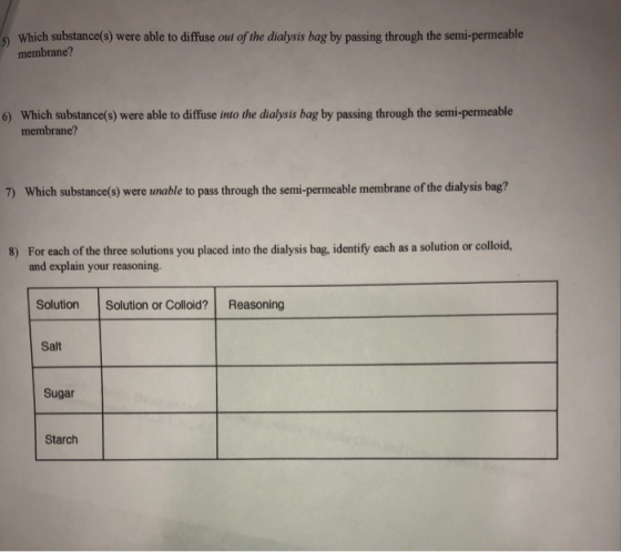 Which substance(s) were able to diffuse out of the dialysis bag by passing through the semi-permeable membrane? 6) Which subs