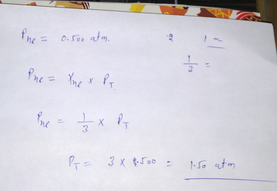 The = 0.500 atm. Pne = Xne X . PT. Pne = 2 x P P = 3x8.500 = 1.5 atm
