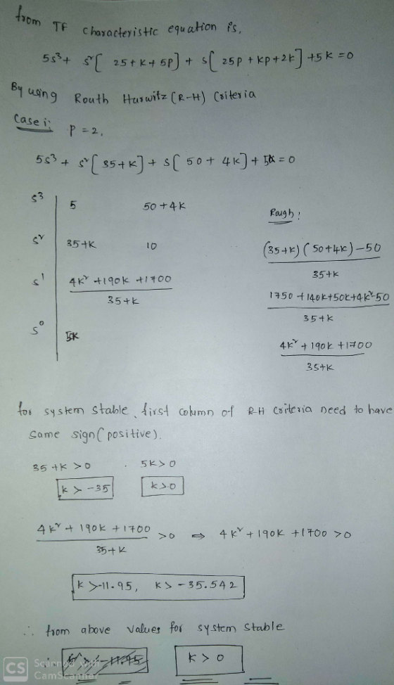 *30m TF characteristic equation s, 533+ $[ 25+k+5p) + sf 25p + kp+24] +5 k = 0 By using Routh Hurwitz (R-H) Criteria Casei P
