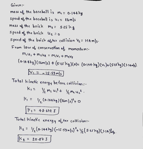 Given: mass of the baseball is mi= 0.144kg speed of the baseball is ui= 26 m/s mass of the brick m₂ = 5.25kg speed of the bri