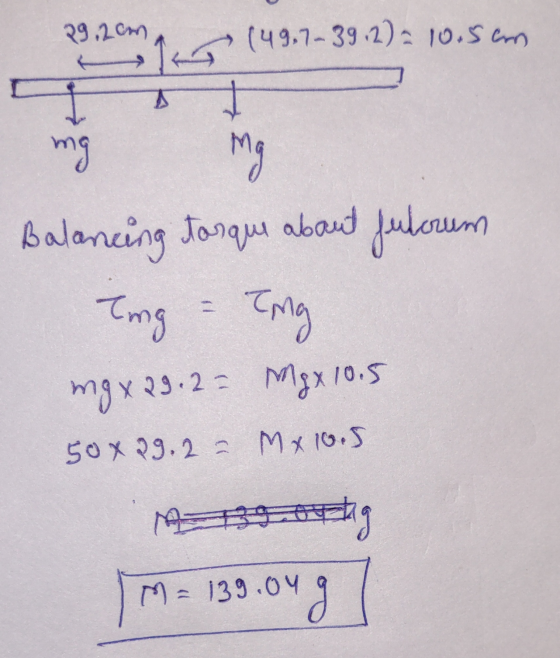 29,20m (49.7-39.2) = 10.5cm ng mg Balancing tosque about fulcrum Ting - eng mg x 29.2= Mg x 10.5 50x29.2 = Mx 10.5 Magdig M=