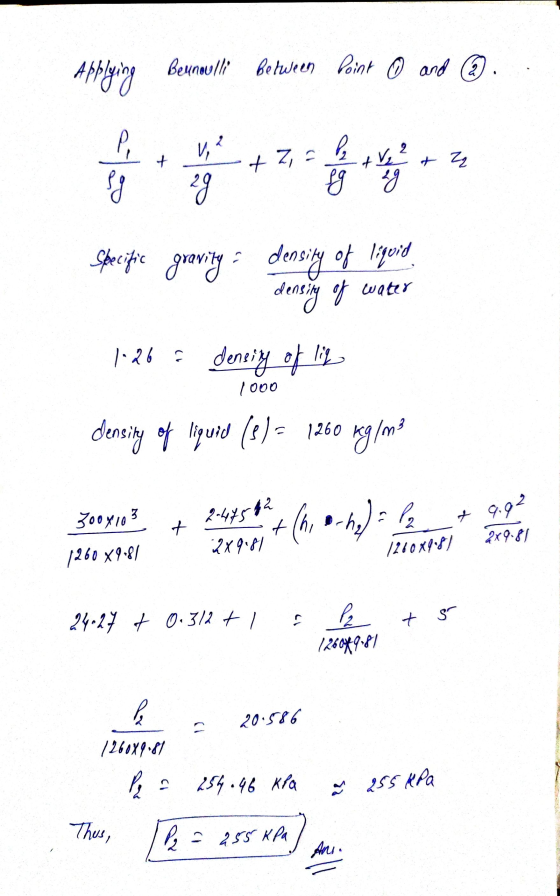 Applying Bernoulli between Point ① and @. V, 2 + + za + zt Pg V 2 fg 2g 29 Specific gravity . density of liquid density of wa