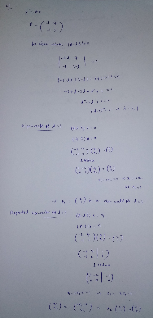 1-4 xAY (4) A - for eizun valu, IA-110 1-A 1 1-1 (-1-12 03-11- (4) (-1) =0 3 + A-2 4 (1-re -p) eigenvecth -1 (A-A ) XO (A-1)x