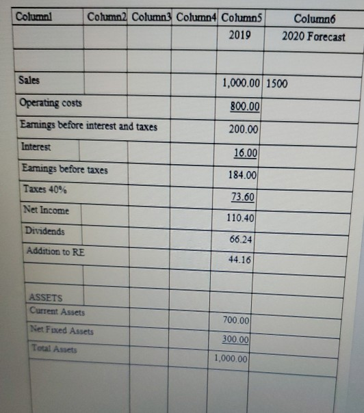 Column Column 2 Columns Column 4 Columns 2019 Columno 2020 Forecast Sales 1,000.00 1500 800.00 Operating costs Earnings befor