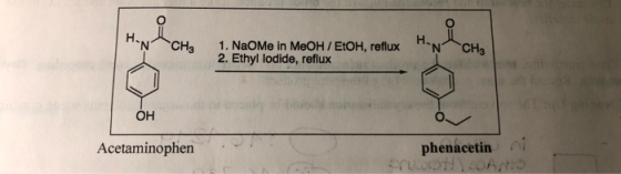 CH, CHA 1. NaOMe in MeOH/EtOH, reflux AN 2. Ethyl lodide, reflux OH Acetaminophen phenacetini rot) Ant