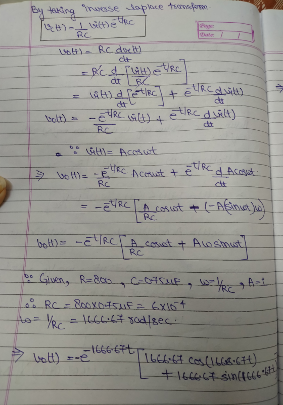 By taking inverse laplace transform. vett) = 1 bittetric Page: Date: 1 Volt) = Rc duelt) at =Kcct futu) e tre - WH) a petlec]