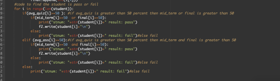 ILIUL.UPPellum ILY) elseprint(stnum. Hif avg_quiz i5.9057 WNobovou AwNoooo va #code to find the student is pass or fail for